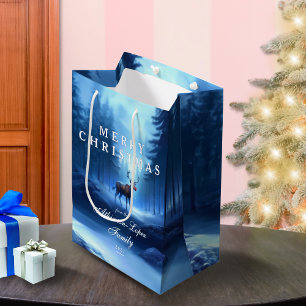 Blue Reindeer Merry Christmas Family Medium Gift Bag
