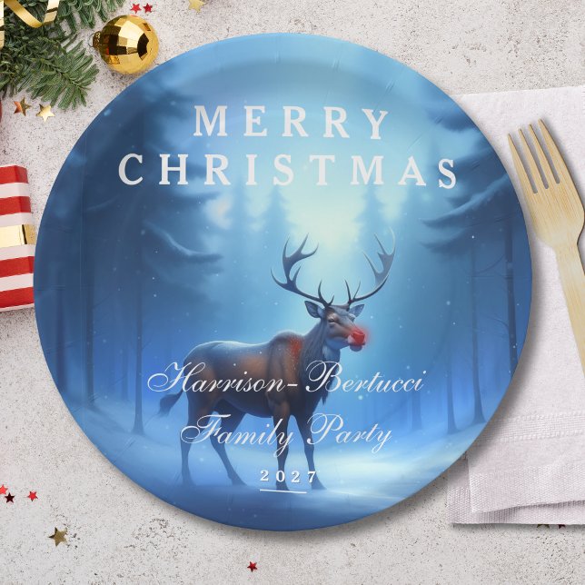 Blue Reindeer Merry Christmas Family Party Paper Plate (Creator Uploaded)