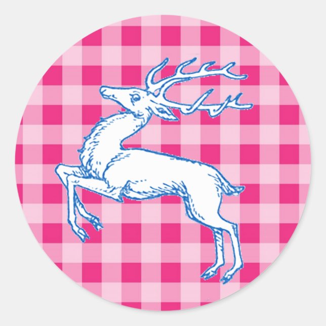 Blue Reindeer Pink Gingham Classic Round Sticker (Front)