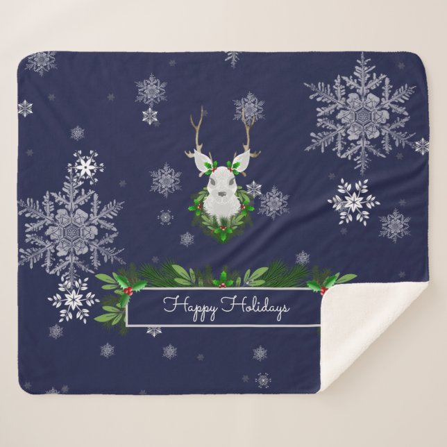 Blue Reindeer Sherpa Blanket (Front (Horizontal))