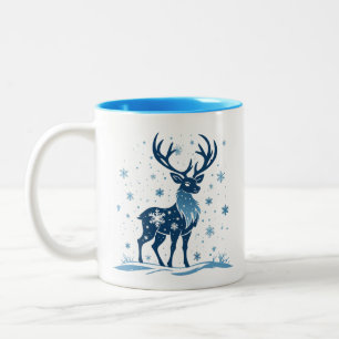 Blue Reindeer Silhouette In Snowy Christmas Scene Two-Tone Coffee Mug