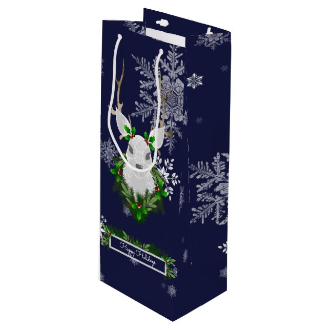 Blue Reindeer Wine Gift Bag (Front Angled)