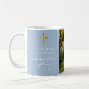 Blue Religious Cross Boy First Communion Photo Coffee Mug