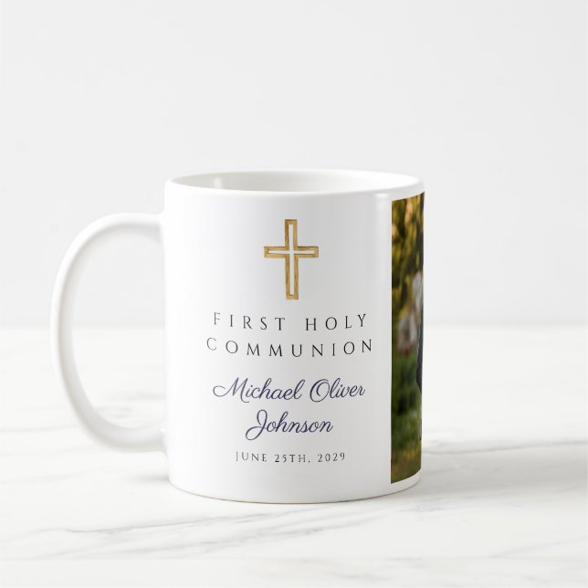Blue Religious Cross Boy First Communion Photo Coffee Mug (Left)
