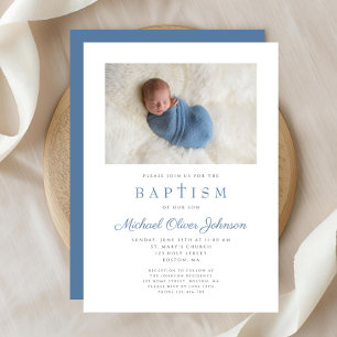 Blue Religious Cross Boy Photo Baptism Invitation