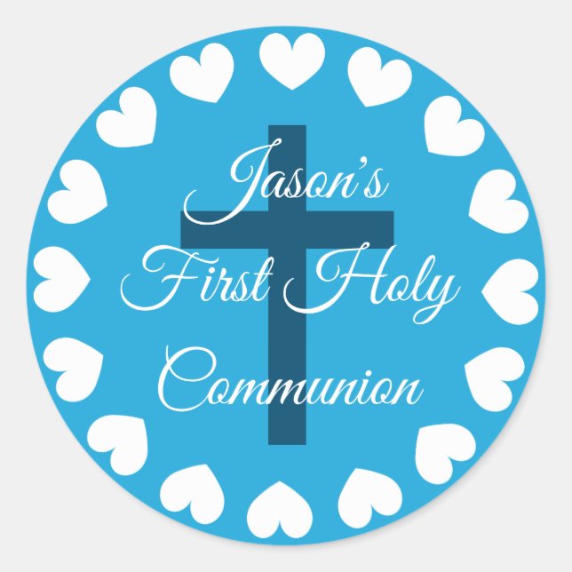 Blue religious cross boy's first holy communion classic round sticker (Front)