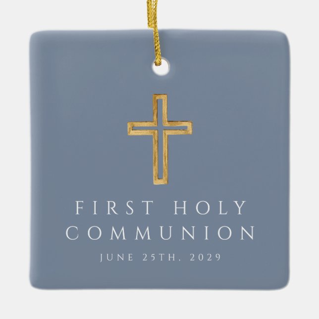 Blue Religious Cross First Communion Photo  Ceramic Ornament (Front)