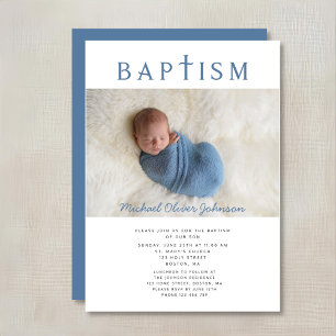 Blue Religious Cross Photo Boy Baptism Invitation