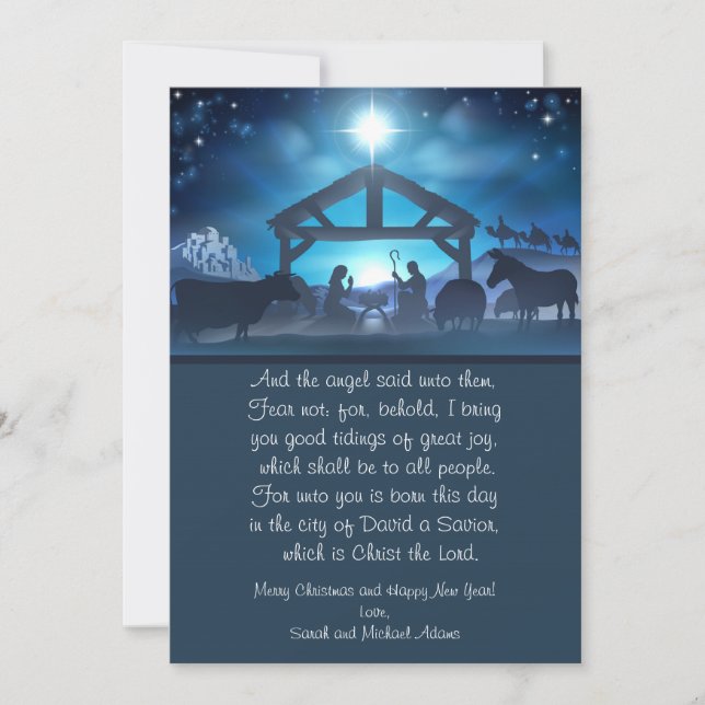 Blue Religious Nativity 5x7 Christmas Card (Front)