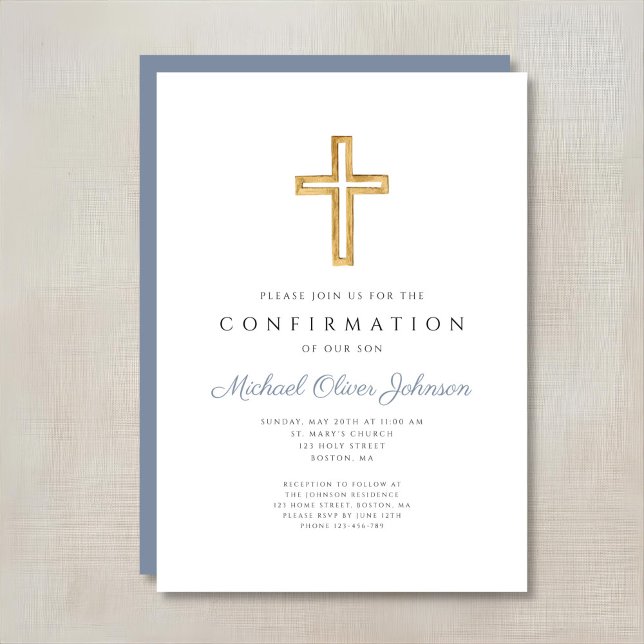Blue Religious Wood Cross Boy Confirmation Invitation (Blue Religious Wood Cross Boy Confirmation Invitation)