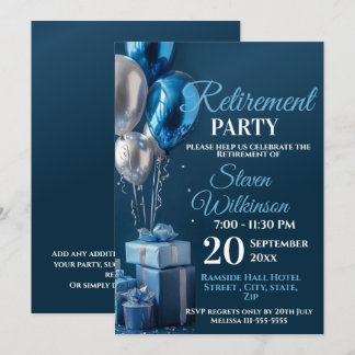 Blue Retirement Party Balloon Gifts Invitation