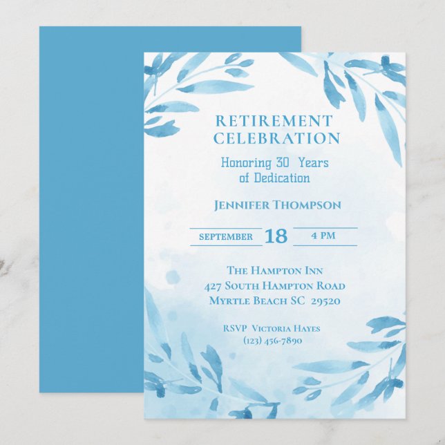 Blue Retirement Party Celebration   Invitation (Front/Back)