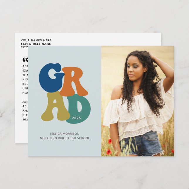 Blue Retro '70s Grad 2023 Groovy Graduation Postcard (Front/Back)