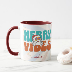 Blue Retro 70s Themed Merry Vibes Custom Name Mug