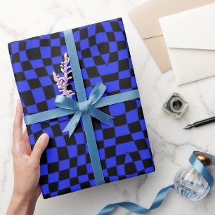 Blue Retro 70s wavy checkered Pattern Wrapping Paper