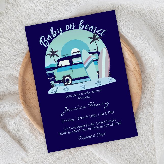 Blue Retro Baby on Board Summer Baby Shower Invitation (Creator Uploaded)