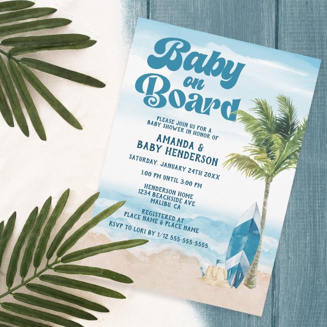 Blue Retro Baby On Board Surf Baby Shower Invitation (Creator Uploaded)