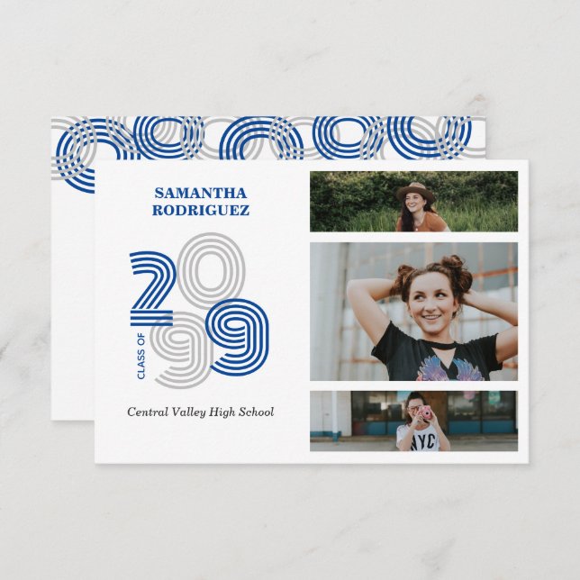 Blue Retro Big Numbers 3-Photo Graduation Invitation (Front/Back)