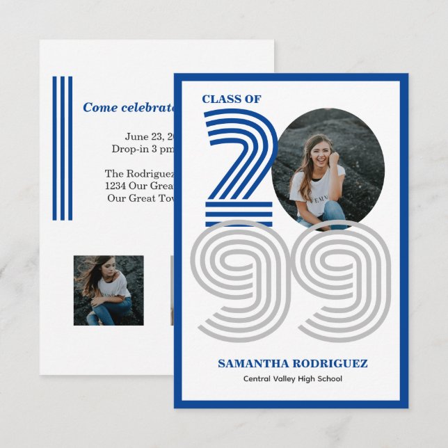 Blue Retro Big Numbers Graduation Photo Invitation (Front/Back)