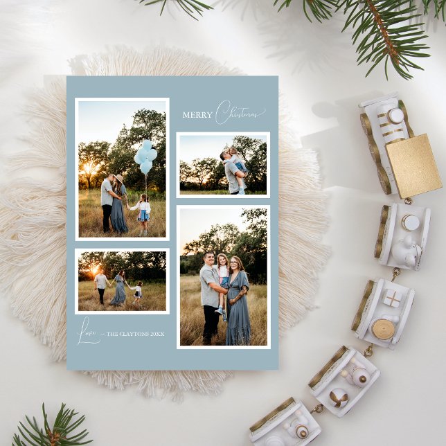Blue Retro Boho Minimalist Four Photo Collage Holiday Card (Creator Uploaded)