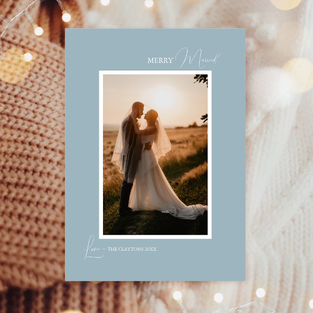 Blue Retro Boho Minimalist Merry Married Portrait Holiday Card (Creator Uploaded)