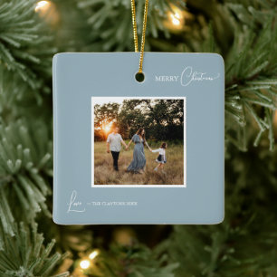 Blue Retro Boho Minimalist Photo Merry Christmas Ceramic Ornament