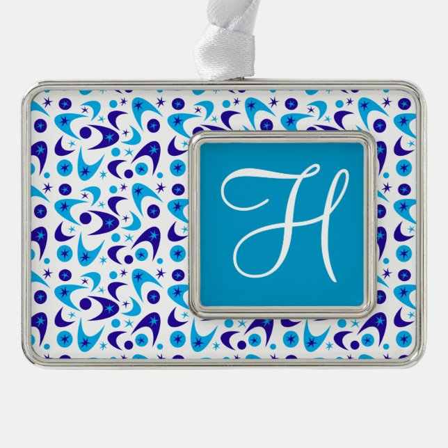 Blue Retro Boomerangs Silver Plated Framed Ornament (Front)