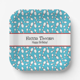 Blue Retro Bowling Theme Birthday Paper Plate