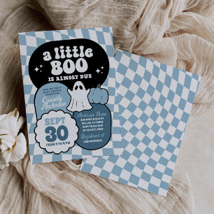 Blue Retro Chequered Little Boo Baby Shower Invitation
