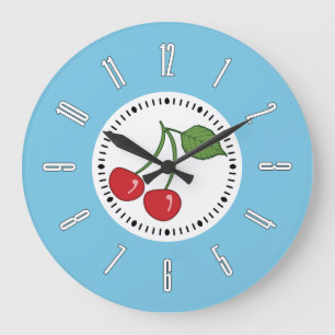 Blue Retro Cherry Large Clock