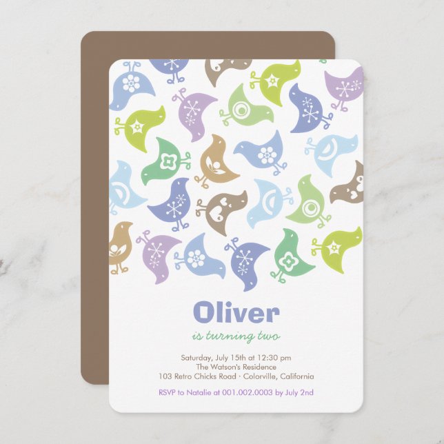 Blue Retro Chicks Children Birthday Party Invite (Front/Back)