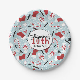 Blue Retro Christmas Peppermint Birthday Paper Plate