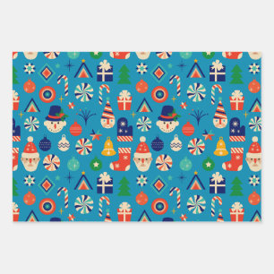 Blue Retro Christmas Santa and Ornaments Collage Wrapping Paper Sheet