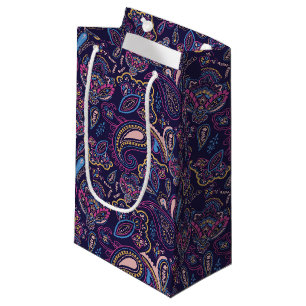 Blue retro ethnic vintage paisley floral pattern small gift bag