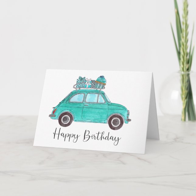 Blue Retro Fiat 500 Birthday Card (Front)