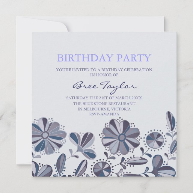 Blue Retro Flower Design Birthday Invitation (Front)