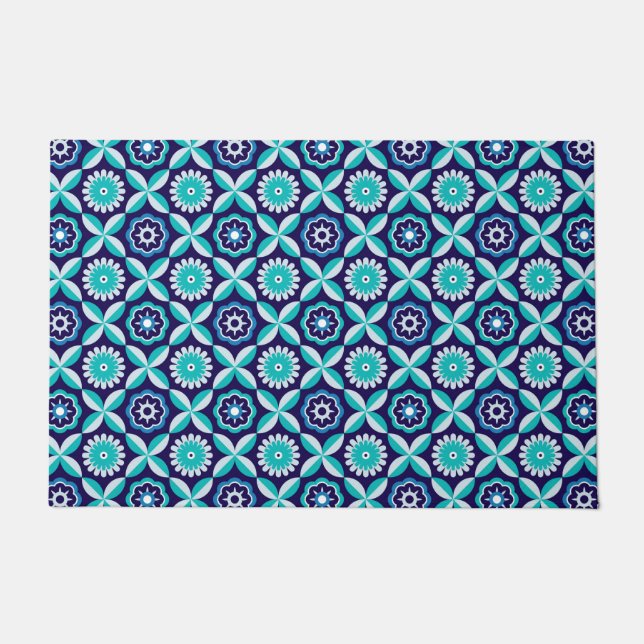 Blue retro flowers doormat (Front)
