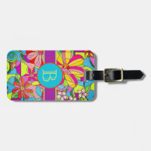 Blue Retro Flowers Luggage Tag