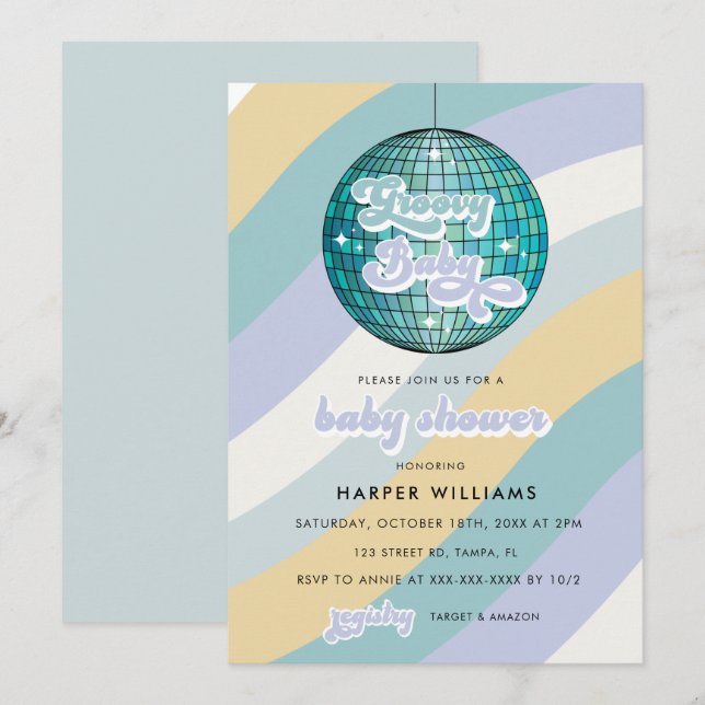 Blue Retro Groovy Baby Shower   Invitation (Front/Back)