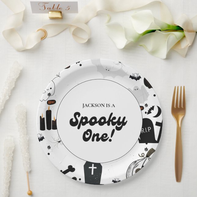 Blue Retro Grooy Spooky One Halloween 1st Birthday Paper Plate (Wedding)