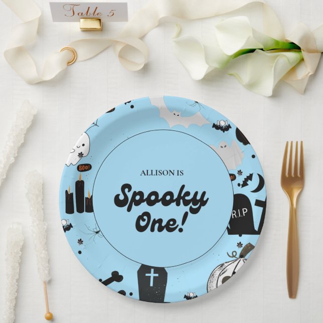 Blue Retro Grooy Spooky One Halloween 1st Birthday Paper Plate (Wedding)