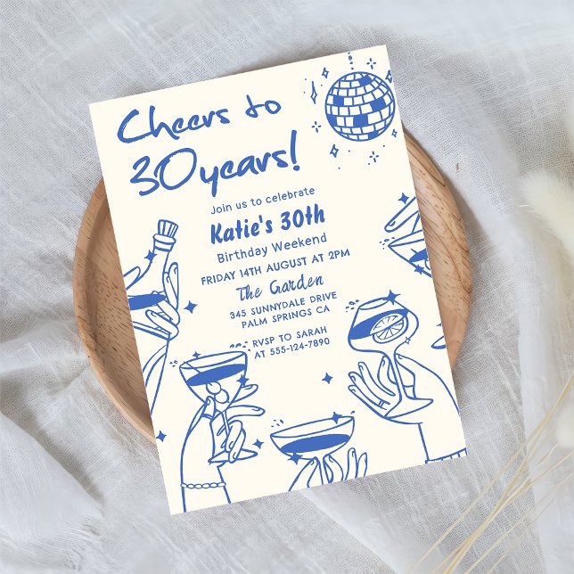 Blue Retro Hand Drawn Funky 30th Birthday Invitation (Creator Uploaded)