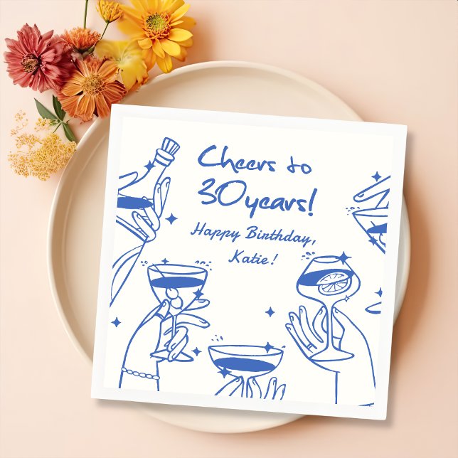 Blue Retro Handdraw Funky Cocktail Birthday Napkin (Creator Uploaded)