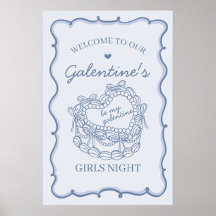 Blue Retro Heart Coquette Cake Galentines Welcome Poster