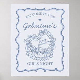 Blue Retro Heart Coquette Cake Galentines Welcome Poster