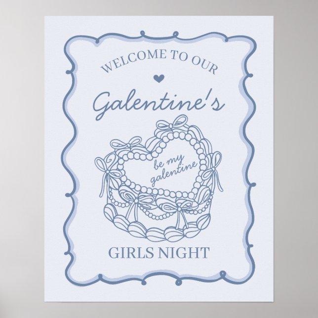 Blue Retro Heart Coquette Cake Galentines Welcome Poster (Front)