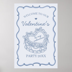 Blue Retro Heart Coquette Cake Valentines Welcome Poster
