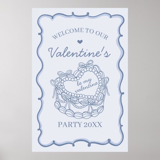 Blue Retro Heart Coquette Cake Valentines Welcome Poster (Front)