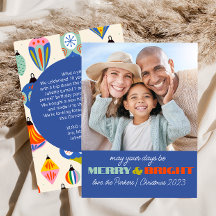 Blue Retro Holiday Photo Card | Vertical