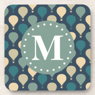 Blue Retro Hot Air Balloon Pattern Monogram Coaster